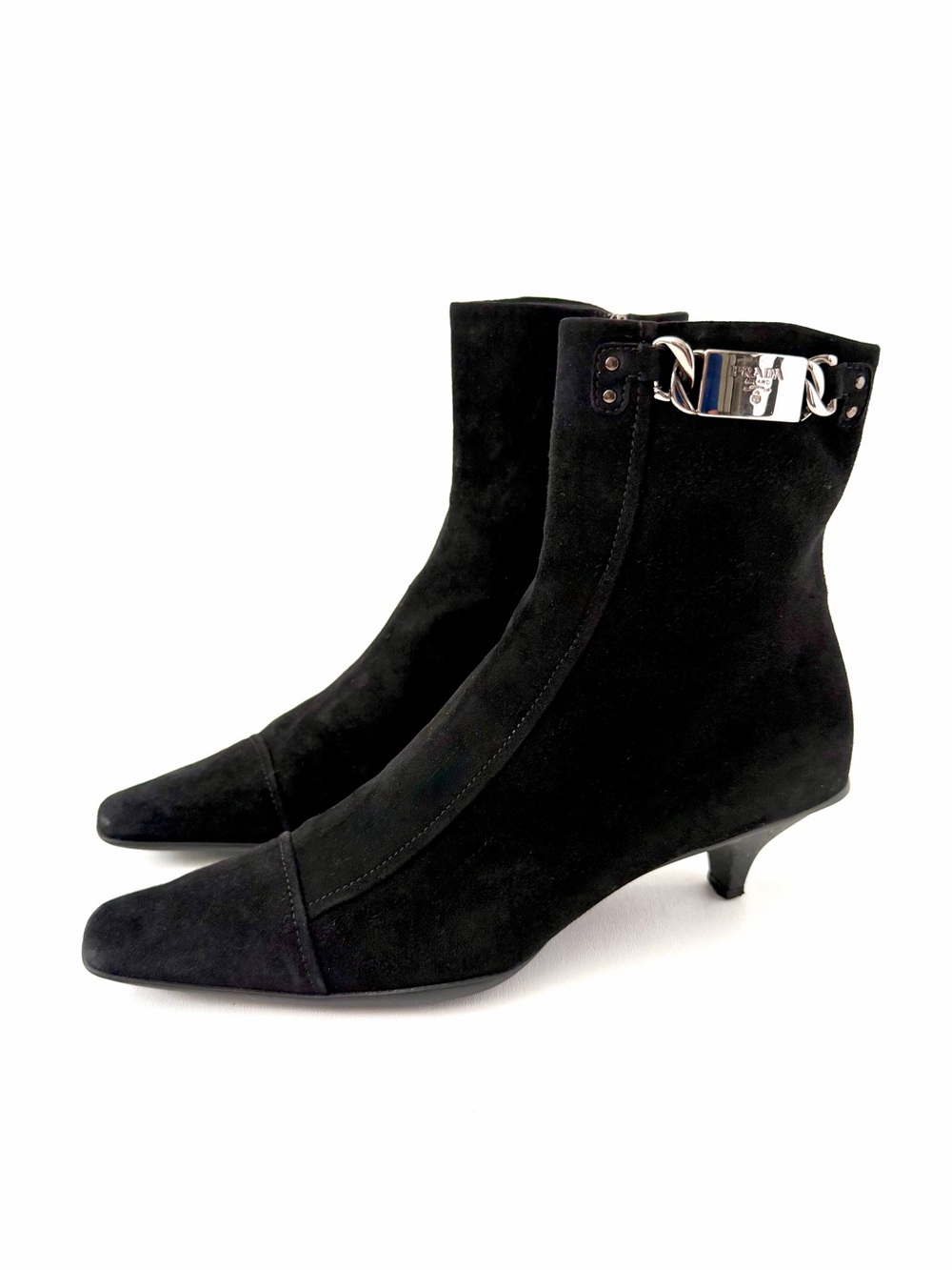 PRADA || Vintage Y2K Suede Ankle Logo Kitten Heel Pointed Boots Black EU 38